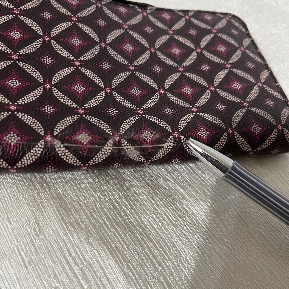 Fossil Leather Wallet Zip Around Burgundy Geometric Slim Clutch Bifold Organizer